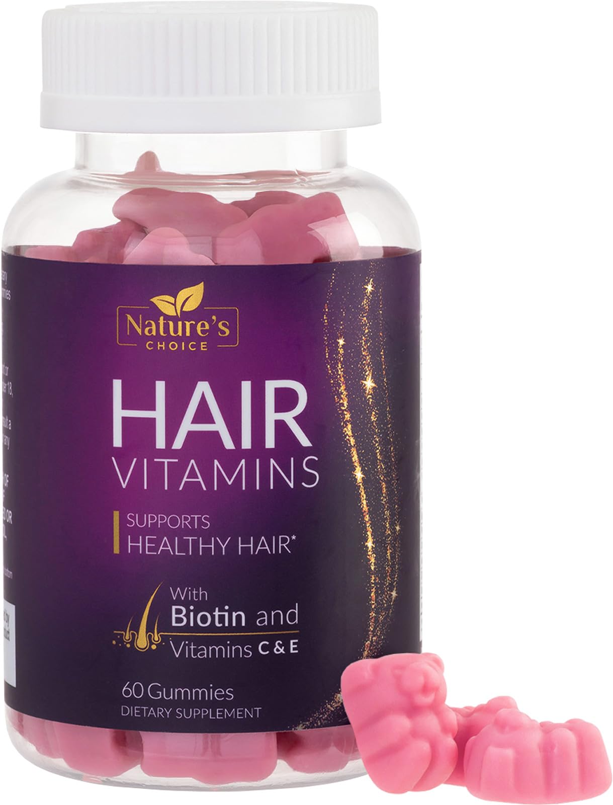 Hair Vitamins Gummies with Biotin 5000 mcg Vitamin E & C Support Hair Growth Gummy, Premium Vegetarian Non-GMO, for Stronger, Beautiful Hair, Skin & Nails, Biotin Gummies Supplement - 60 Gummy Bears