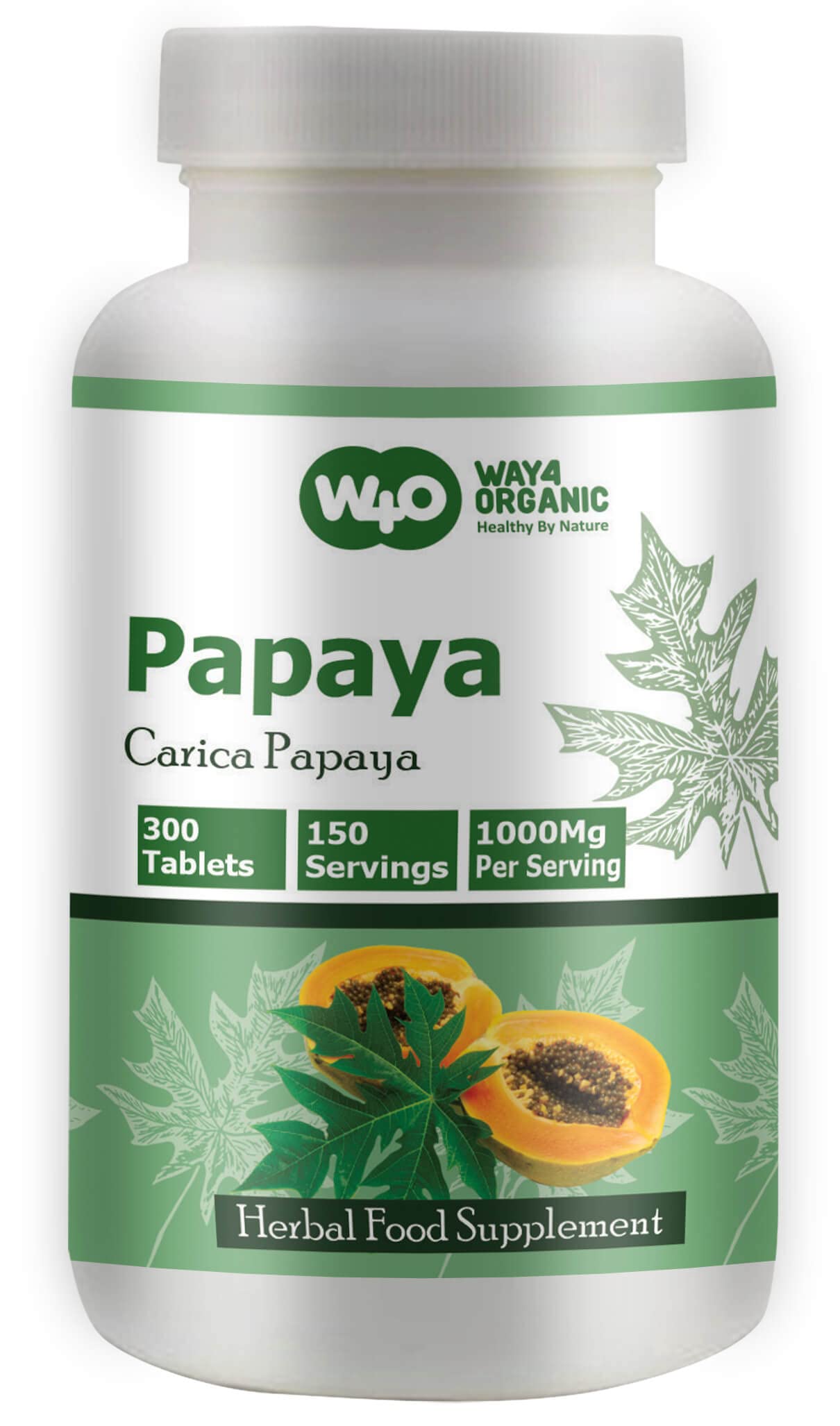 WAY 4 ORGANIC W4O Papaya Leaf Extract Capsules (Tablets) - 300 Pills, 150 Servings, 1000 mg, Supports Platelet Immunity & Digestion* (Pack of 1)