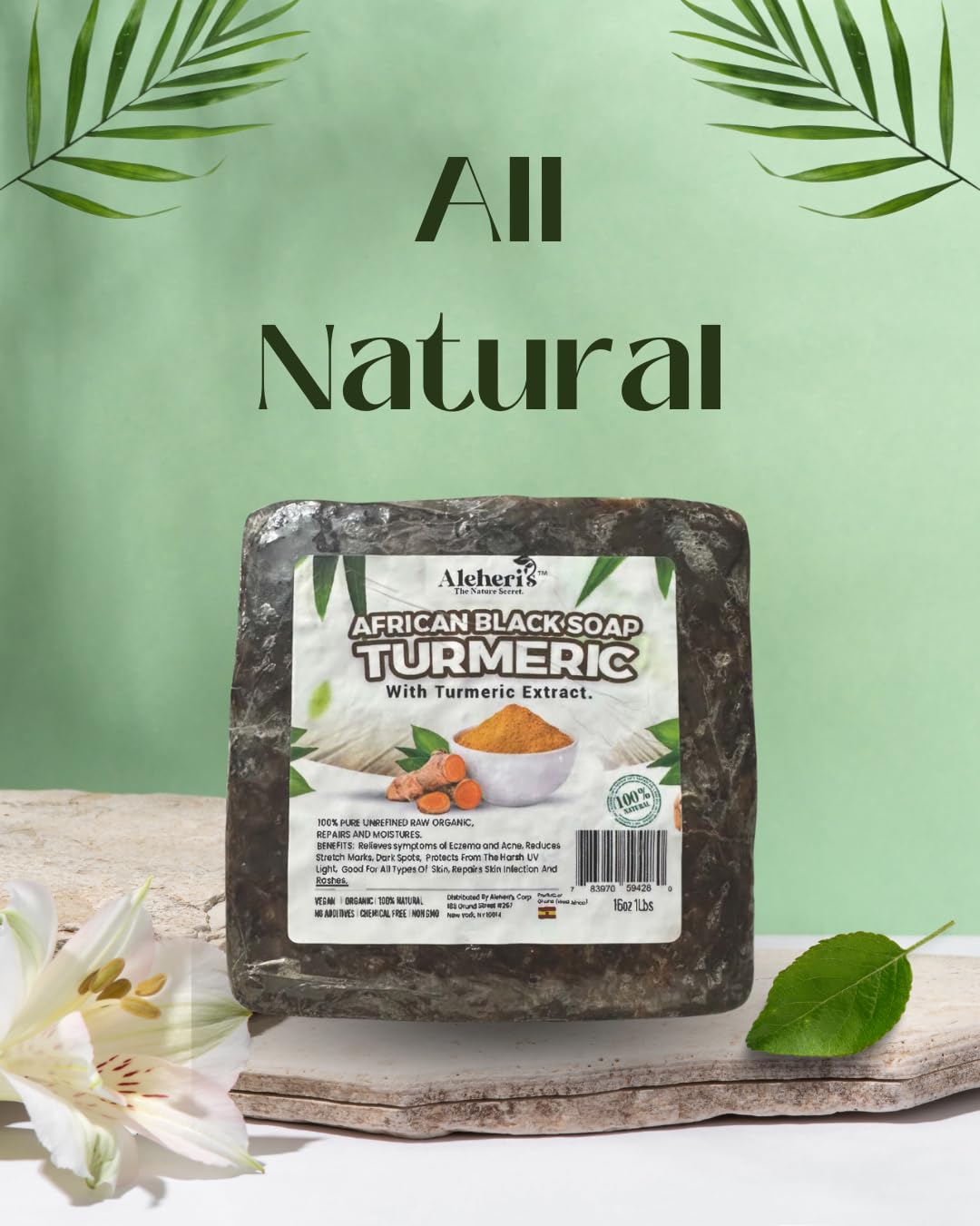 Aleheri’s 100% Raw African Black Soap Bar w/Shea Butter & Turmeric Extract (16 oz) – Clarifying/Moisturizing – Black Soap for Dark Spots, Acne, Eczema & Stretch Marks – All Skin Types - MULTIPACK (2)