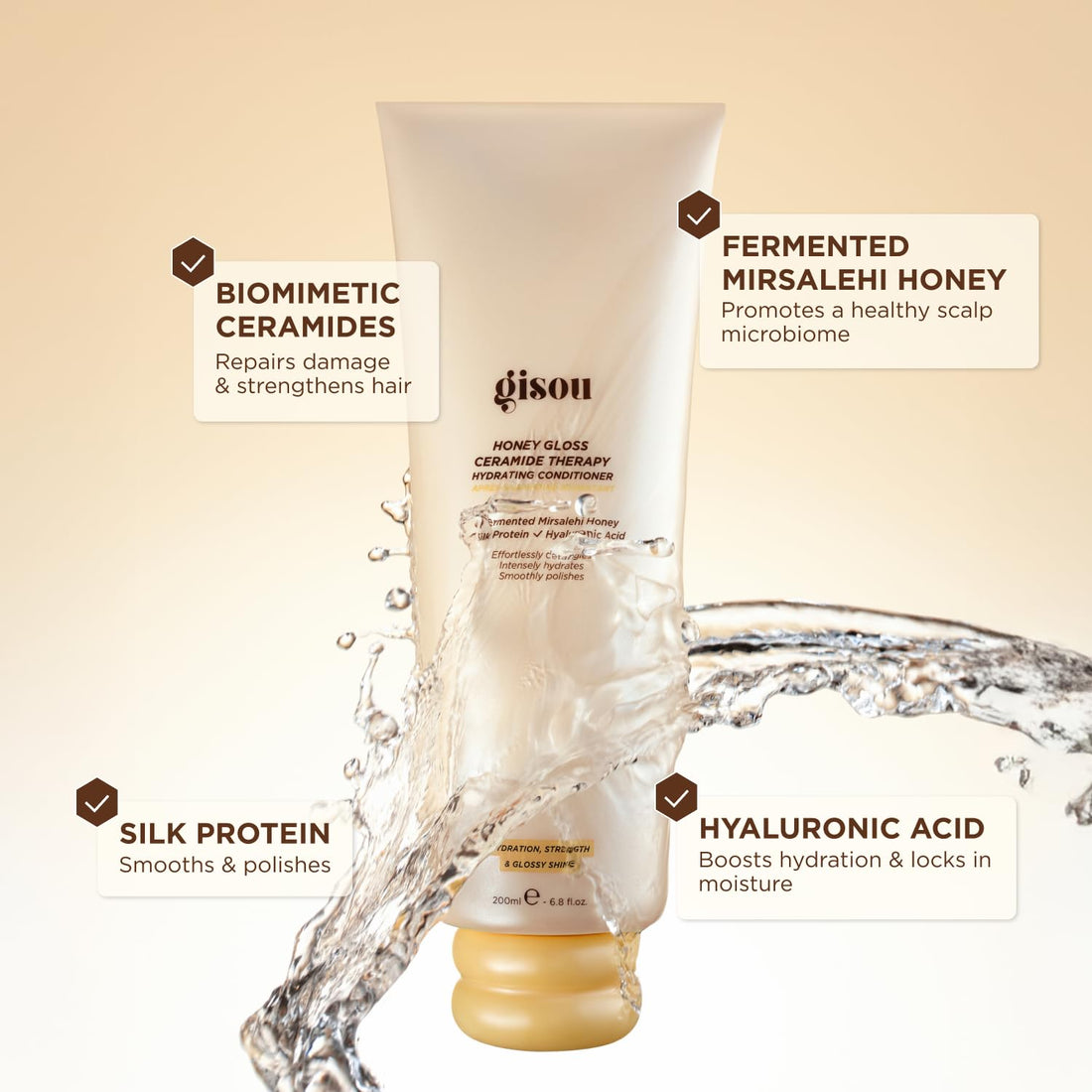 Gisou Honey Gloss Ceramide Therapy Hydrating Conditioner – Smooths, Detangles & Adds Shine with Mirsalehi Honey & Ceramides, 6.8 Fl Oz