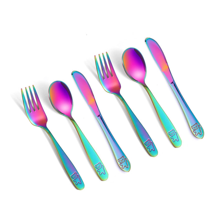 Pimoys 6 Pieces Rainbow Kids Silverware Stainless Steel Child and Toddler Utensils, Children's Safe Flatware Metal Cutlery Set Includes 2 Children Knives, 2 Forks & 2 Spoons