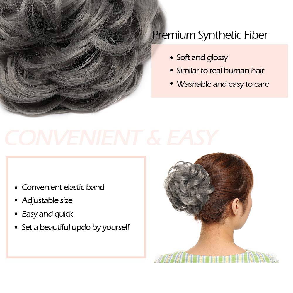 Hairro Messy Hair Bun Synthetic Scrunchy Donut Wavy Updo Elastic Scrunchie Thick Full Wedding Hair Pieces Bridal Hairpiece Easy Bun Updos for Women Kids 1pcs 40g Dark Gray