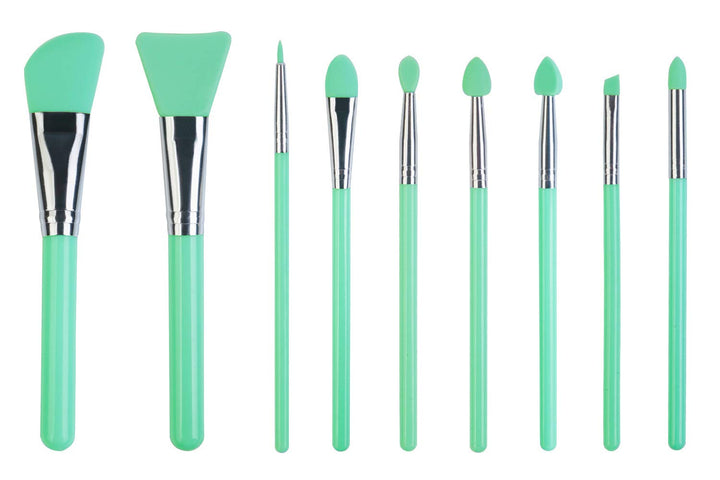 LORMAY 9-Piece Silicone Makeup Brush Set: Face Mask, Eyeliner, Eyebrow, Eye Shadow, Lip Cosmetic Brushes (Mint Green)