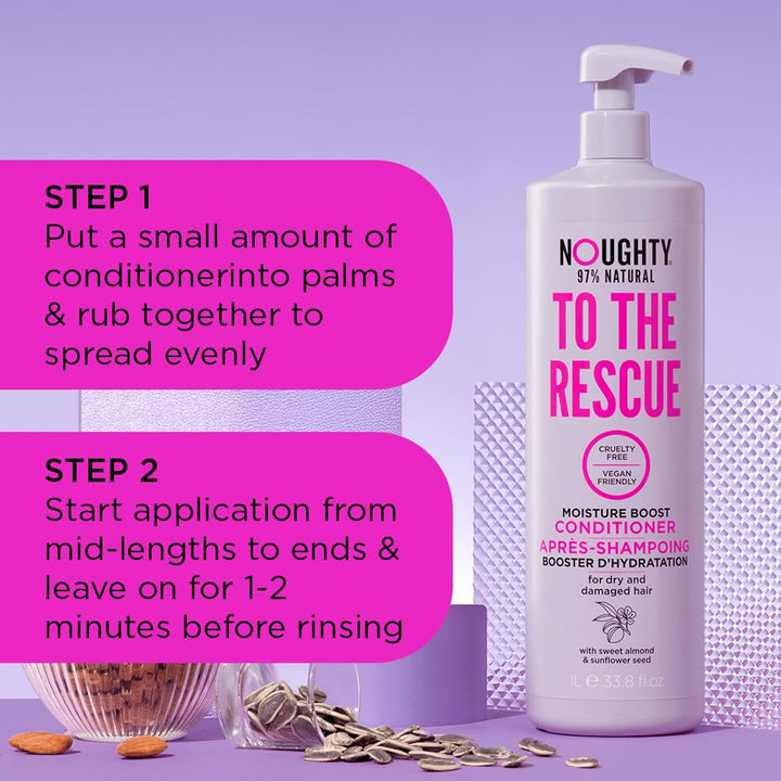 Noughty 97% Natural, To The Rescue Moisture Boost Conditioner, 97% Natural Sulphate Free Vegan Haircare, Hydrating Formula for Dry and Damaged Hair, with Sweet Almond and Sunflower Seed 1L