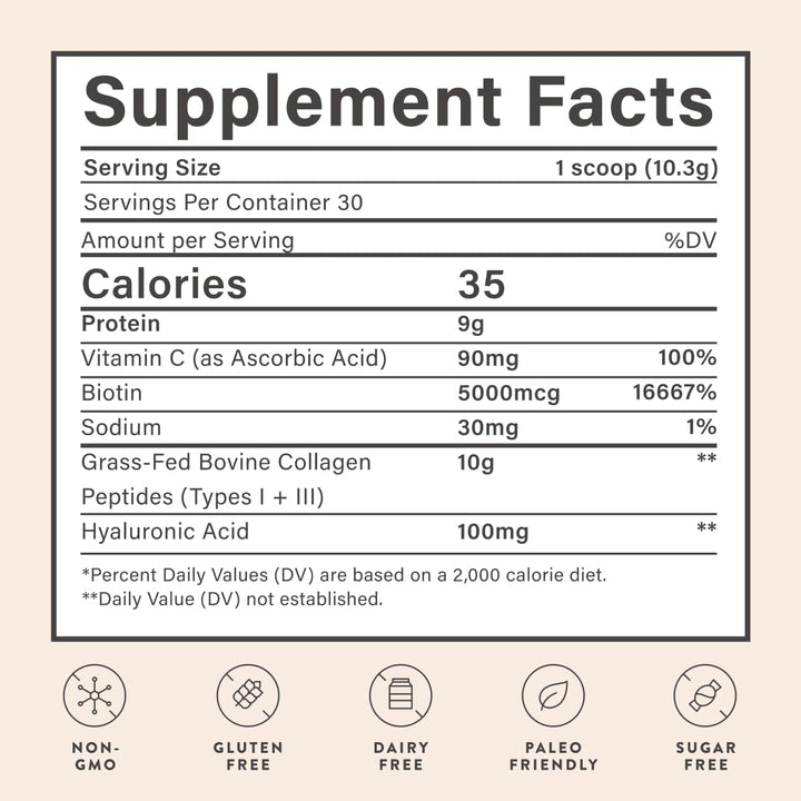 Beam Collagen Powder, Collagen Peptides For Women & Men, Grass Fed Collagen Supplements with Biotin, Protein and Hyaluronic Acid, Hair, Skin, Nail & Joint Support, Gluten Free, Sugar Free, 30 Servings