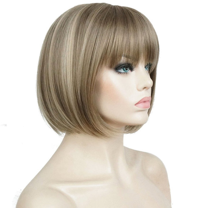 Aimole Short Bob Straight Wig with Cute Flat Bangs Synthetic Hair with Skin Top
