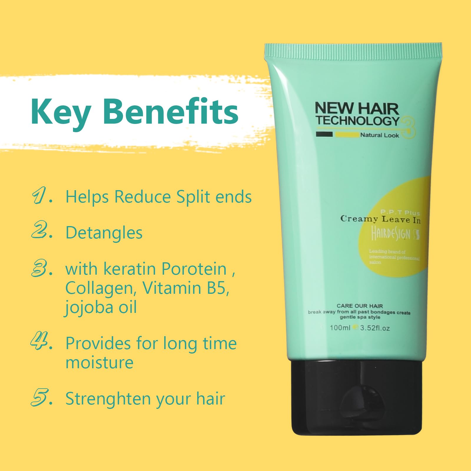 Lightweight Keratin Protein Leave In Conditioner for Dry Damaged Hair,Collagen Deep Repairing Anti-Frizz Leave in Hair Conditioner Tube, Heat ProInfused with vitamin B5,Moisturizing Jojoba oil