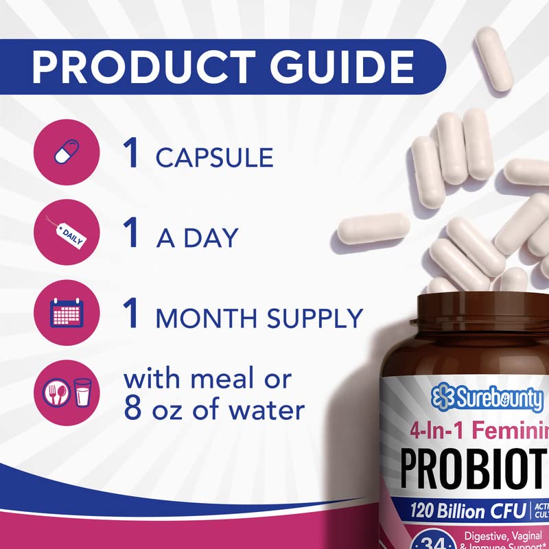 Surebounty Probiotics for Women, 120 Billion CFU 34 Strains, Prebiotics, Digestive Enzymes, Cranberry, 4-in-1 Feminine Probiotic, Digestive, Vaginal, Immune Support, 30ct