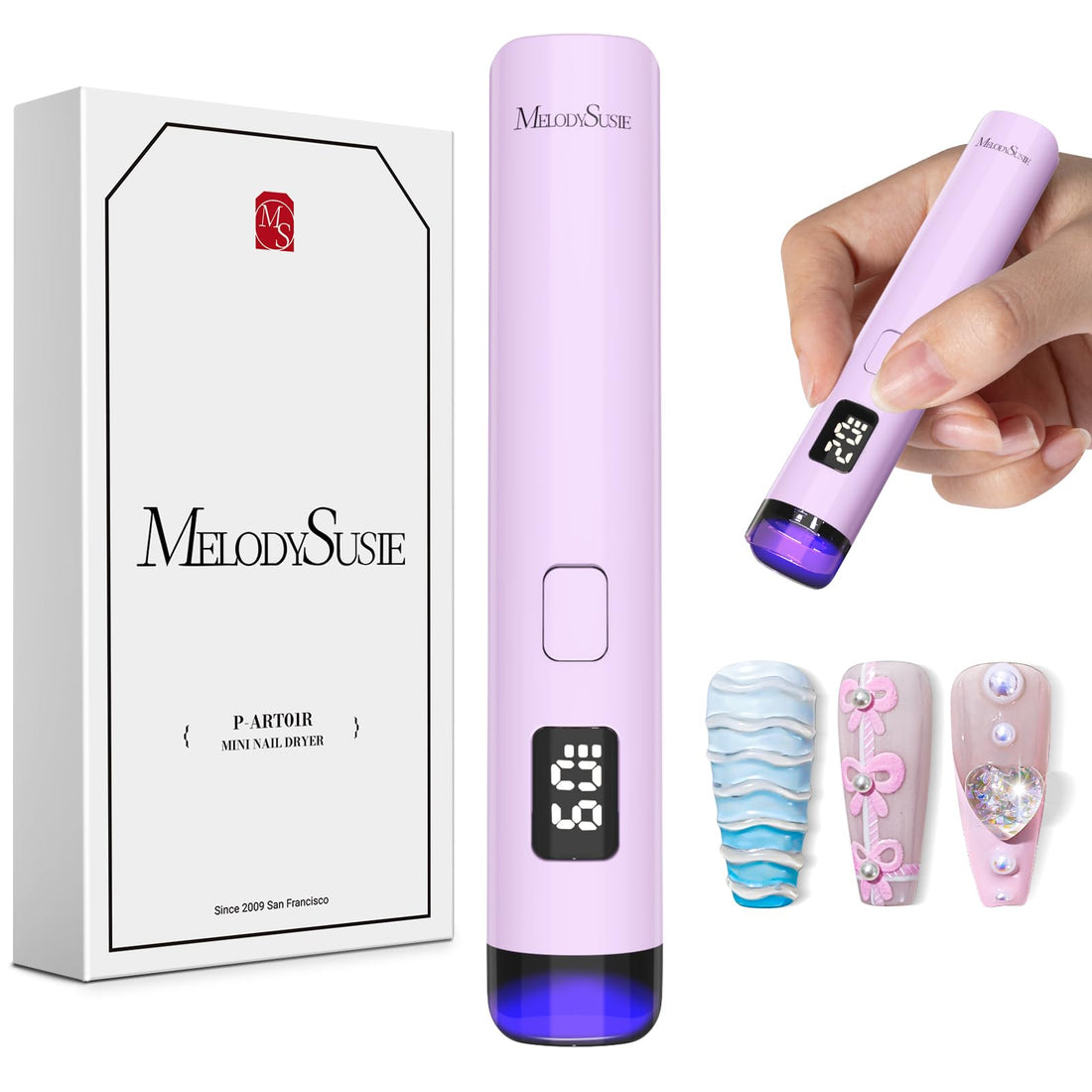 Melodysusie Handheld UV Light for Gel Nails, ART01R Cordless Gel X Nail Lamp Rechargeable with LCD Display, Eye-Protective Cover Flash Cure Nail Dryer for Rhinestone Glue Decoration DIY At Home Purple