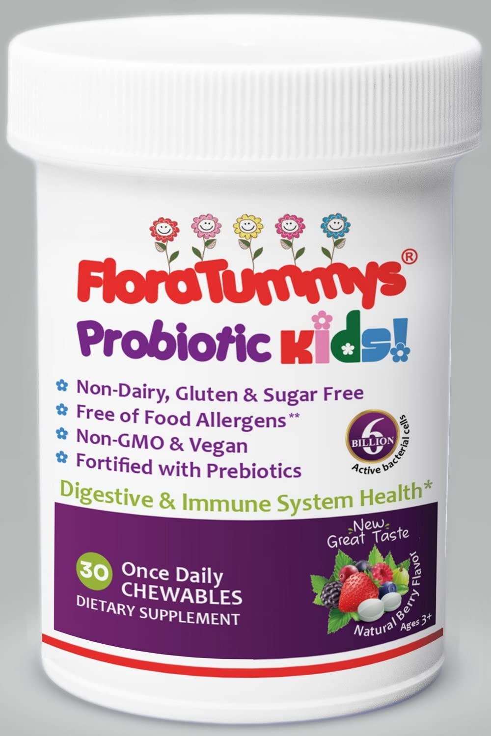 FloraTummys Kids Chewable Probiotic Prebiotics: Non-Dairy, Gluten & Sugar-Free, Peanut & Soy Free, Non-GMO, Tested & Free of Food Allergens, Vegan, Kosher, Berry Flavor(1 Bottle)