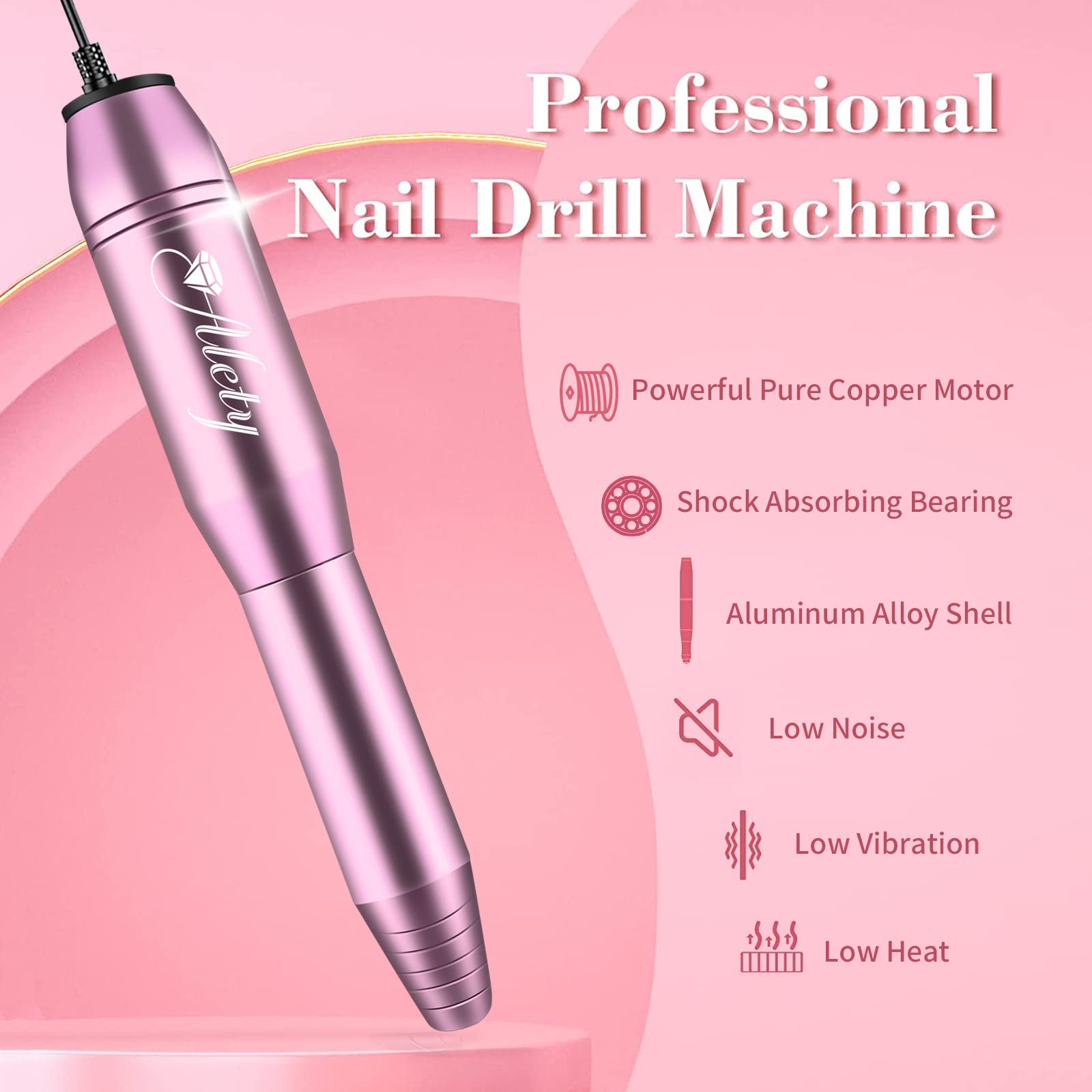 Alety Electric Nail Drill Kit, Portable File for Acrylic Gel Nails, Professional Machine Efile Manicure Pedicure Tools with Iridescent Bits Home Salon Use, Pink