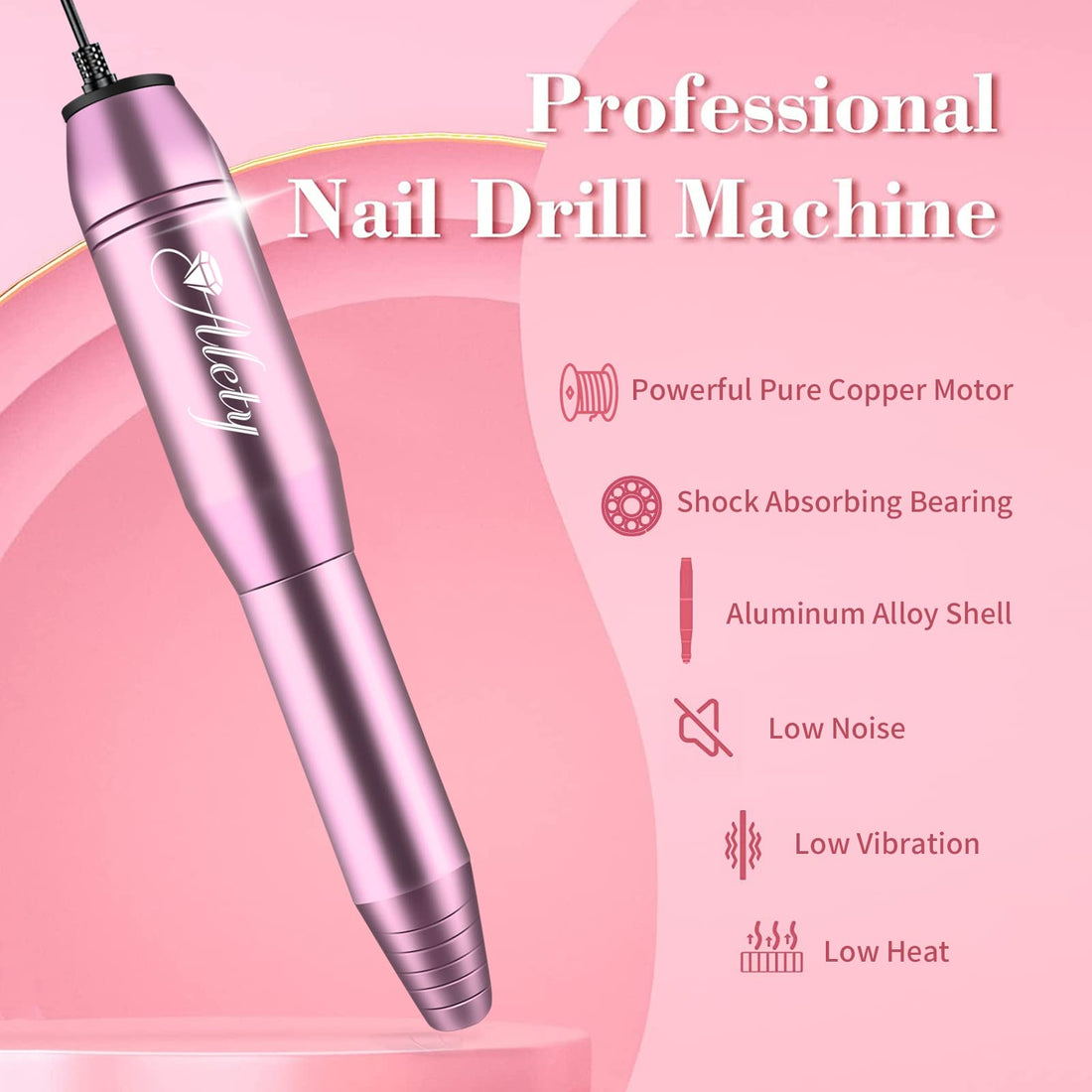 Alety Electric Nail Drill Kit, Portable File for Acrylic Gel Nails, Professional Machine Efile Manicure Pedicure Tools with Iridescent Bits Home Salon Use, Pink