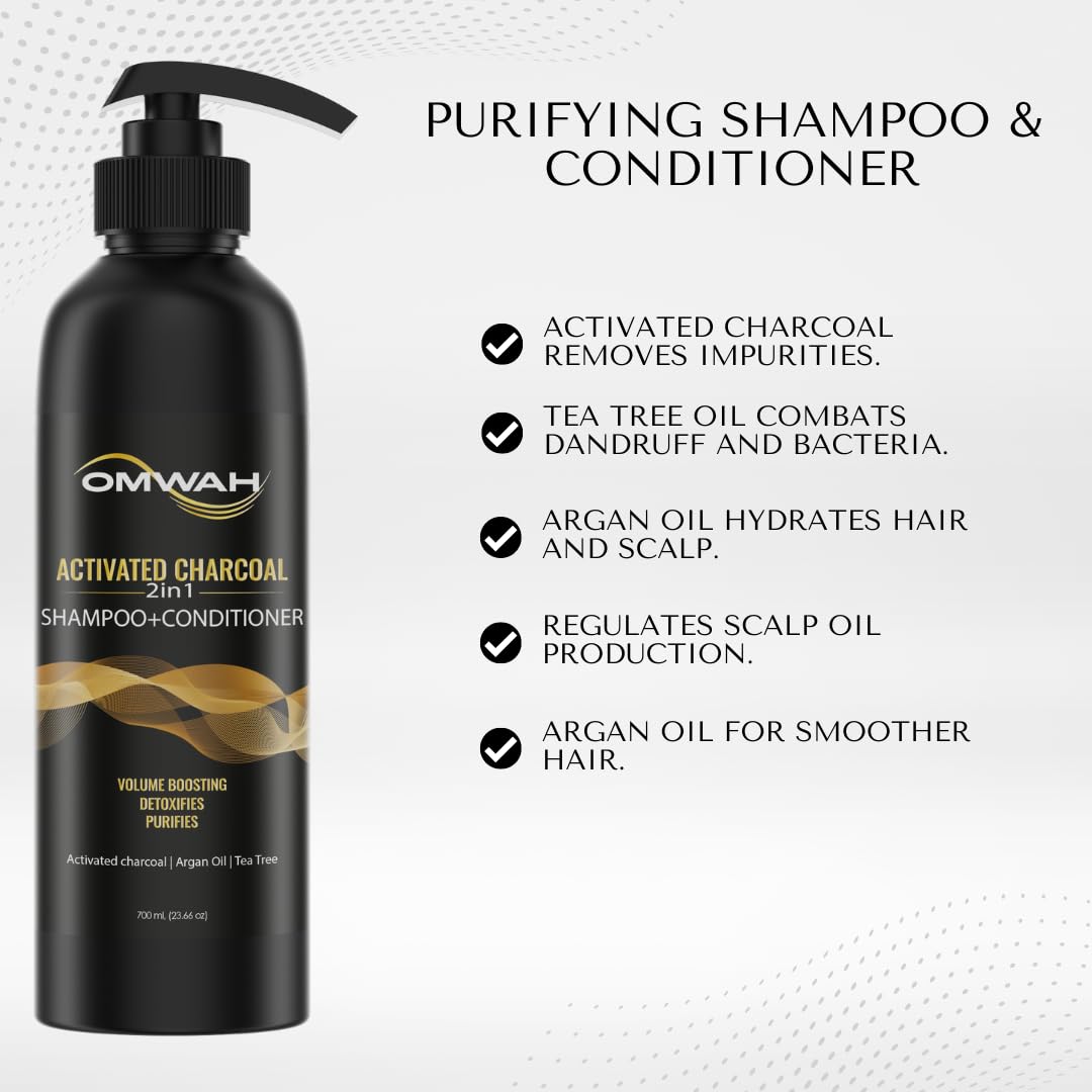 OMWAH 2 In 1 Shampoo + Conditioner Infused with Activated Charcoal, Argan Oil, and Tea Tree (23.66 oz)