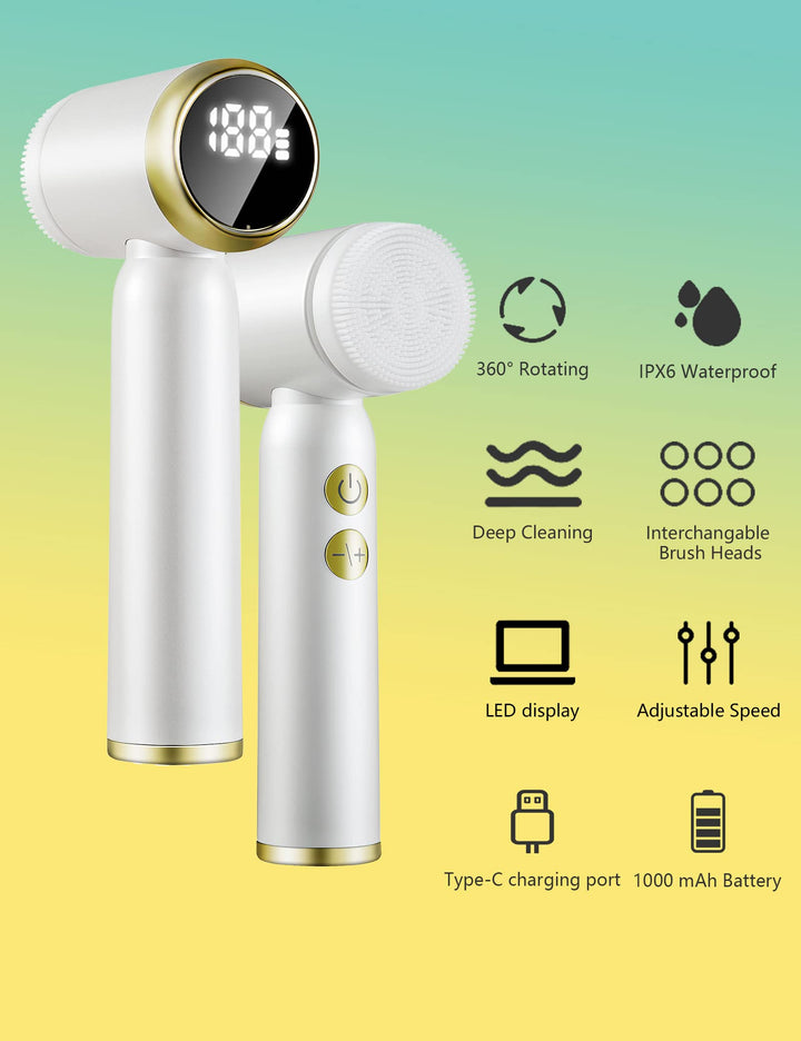 6 in 1 Face Brushes for Cleansing and Exfoliating ,Spin Facial Cleansing Brush with LED Display,Electric Face Cleansing Brush ,Rechargeable Facial Cleansing Brush with 6 Heads BSROLUNA(Milk White)