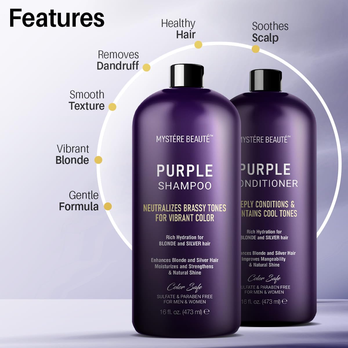 MYSTÉRE BEAUTÉ Purple Shampoo and Conditioner Set, For Blonde, Silver, and Gray Hair - Purple Shampoo Conditioner for Men Women, Sulfate Free Anti Yellowing Vibrant Color Protection - 16 fl oz each