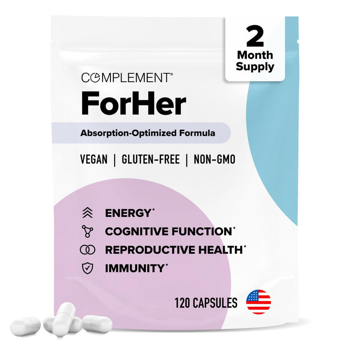 Complement ForHer Multivitamin - Hormone Balance for Women (60 Servings) Inositol Supplement, Longevity Support- B9, Iron - 120 Capsules