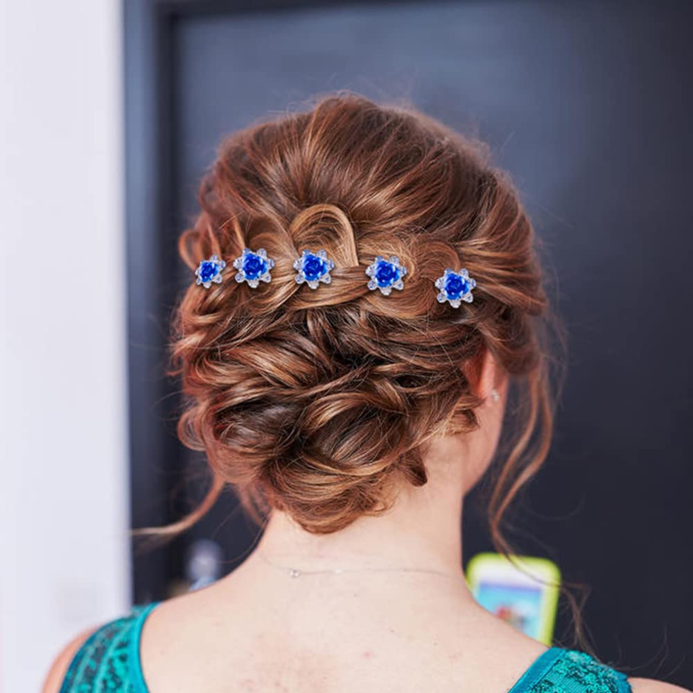Royal Blue Set: Insowni 40Pcs Bridal Wedding Rhinestone Rose Flower U-Shaped Hair Pins & 6Pcs Twist Pearl Hairpins Headpiece Set In Gift Box For Women Girls Bridesmaid (Royal Blue