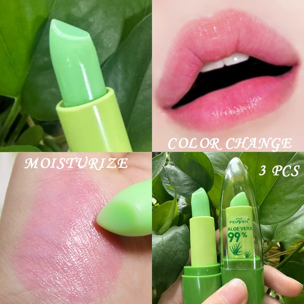 BINGBRUSH 3 Pcs Aloe Vera Color Changing Lipstick Queen,Long Lasting Lip Care Nutritious Plumper Lip Balm Moisturizer Magic PH Temperature Color Change Lip Gloss Makeup Set for Women