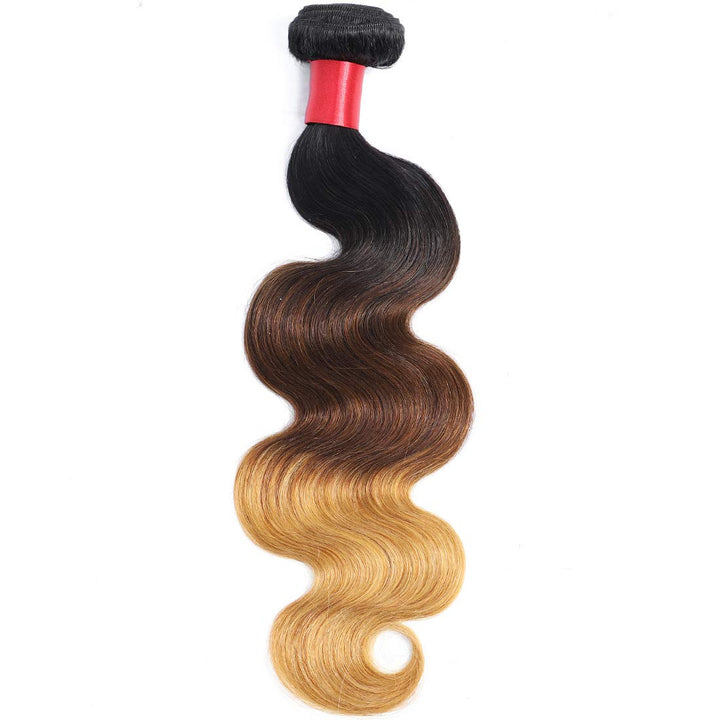AUTTO Hair Brazilian Virgin Ombre Hair Body Wave 14Inch One Bundle Virgin Human Hair Extension Weave Three Tone 1B/4/27 Color (100+/-5g)/pc (1B/4/27,14)