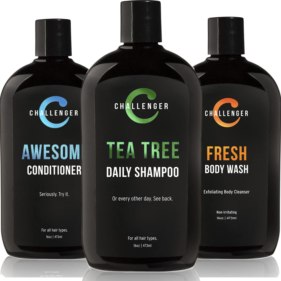 Challenger Men’s Tea Tree Shampoo, Conditioner, & Fresh Body Wash Trio, 3X 16 Oz Bottles | Sulfate Free w/ Vitamins, Argan Oil, Biotin | Keratin, Vitamin C, Vitamin D, Protein, No Artificial Colors
