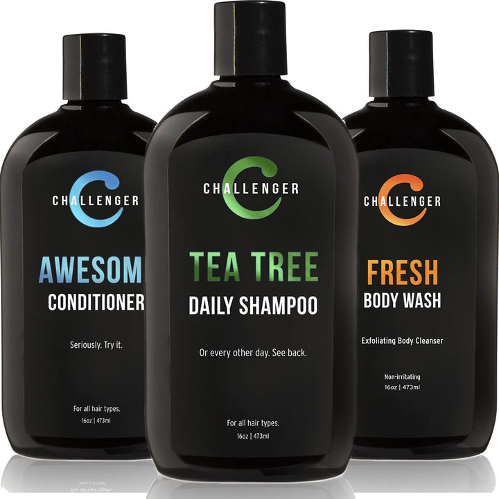 Challenger Men’s Tea Tree Shampoo, Conditioner, & Fresh Body Wash Trio, 3X 16 Oz Bottles | Sulfate Free w/ Vitamins, Argan Oil, Biotin | Keratin, Vitamin C, Vitamin D, Protein, No Artificial Colors