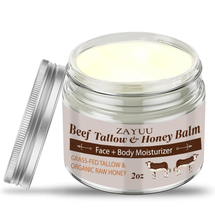 ZAYUU Beef Tallow and Honey Balm for Skin: Tallow Face Moisturizer with Honey - Grass-Fed Beef Tallow & Raw Wild Honey Balm - All-Natural Hydration for Face & Body - 2oz