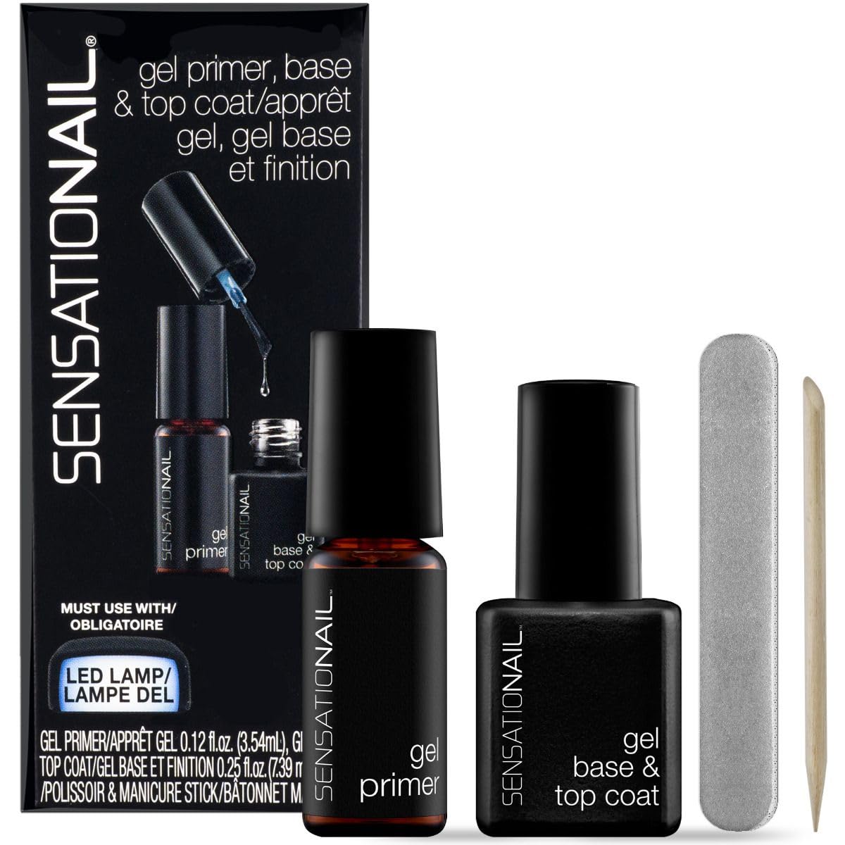 SensatioNail Base and Top Coat Gel Polish Refill Kit - Includes Gel Primer, Black, 0.37 Fl Oz