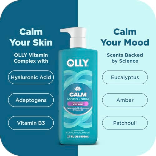 OLLY Calm Body Wash with Hyaluronic Acid, Adaptogens & Vitamin B3– Nourishing Cleanser for Skin Barrier Repair, Deep Hydration, Eucalyptus Amber Scent, 17oz