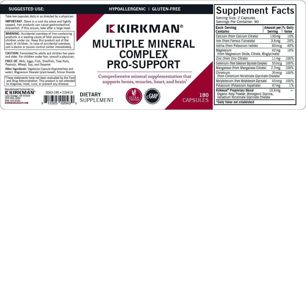 Kirkman Multiple Mineral Complex Pro-Support - Hypoallergenic | 180 Vegetarian Capsules | Minerals