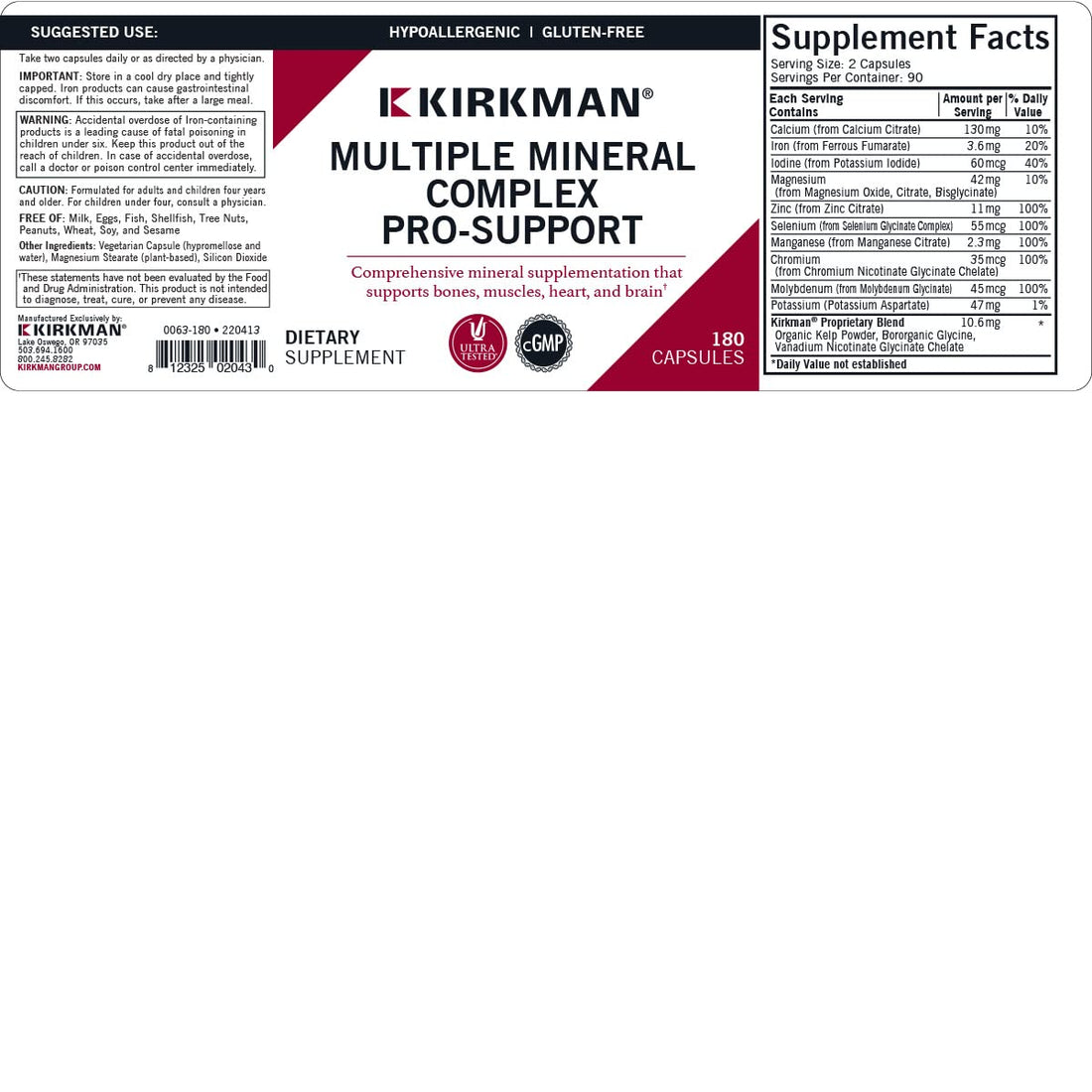 Kirkman Multiple Mineral Complex Pro-Support - Hypoallergenic | 180 Vegetarian Capsules | Minerals