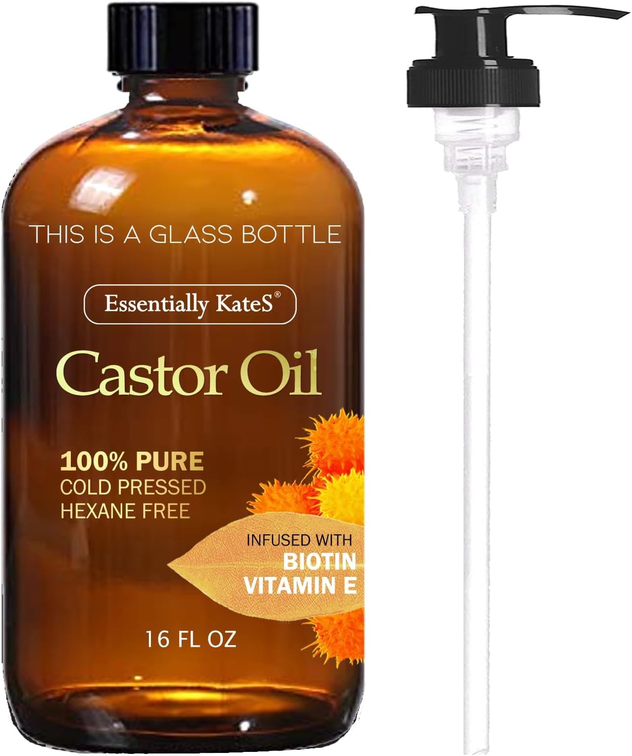 Essentially KateS Castor Oil 16 Fl Oz (Glass Bottle) - Biotin + Vitamin E - A Huge Glass Bottle with a Pump - 100% Pure and Natural, Cold Pressed, and Hexane-Free - Hair Oil, Body Oil