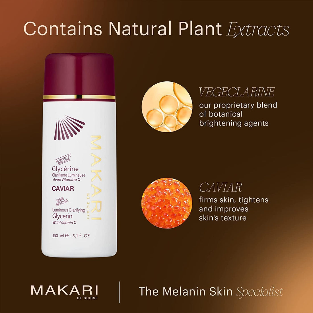 Makari Classic Caviar Skin Lightening Glycerin 5.1 Fl.Oz - Brightening Moisturizing Gel-Cream For Body - Daily Anti-Aging Treatment For Dark Marks, Acne Scars, Wrinkles,