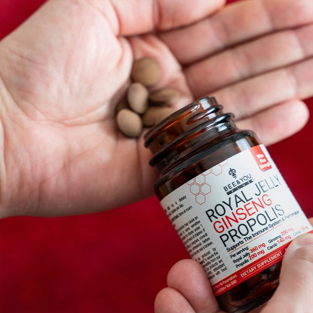 Bee and You Royal Jelly with Ginseng Tablet, Propolis Extract, 60ct, 100% Natural Superfood, Ultra Pure, Immune Support Supplement, Antioxidants, Keto, Paleo, Gluten-Free