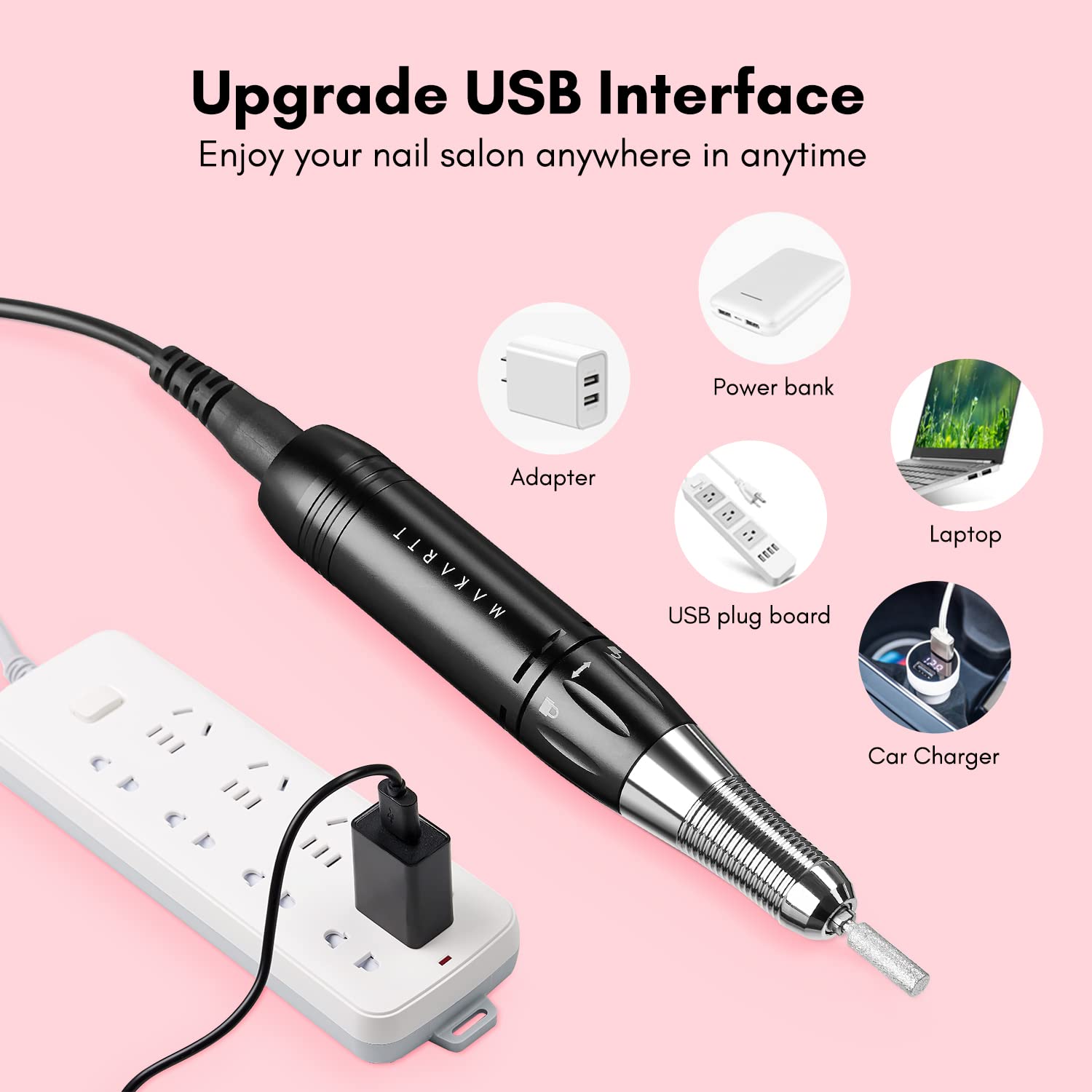 Makartt Stefy Portable Nail Drill, Handheld Electric Nail File Kit for Acrylic Nails Nail Drill Manicure Pedicure Polishing Shape Tools for Home Salon Use Black USB