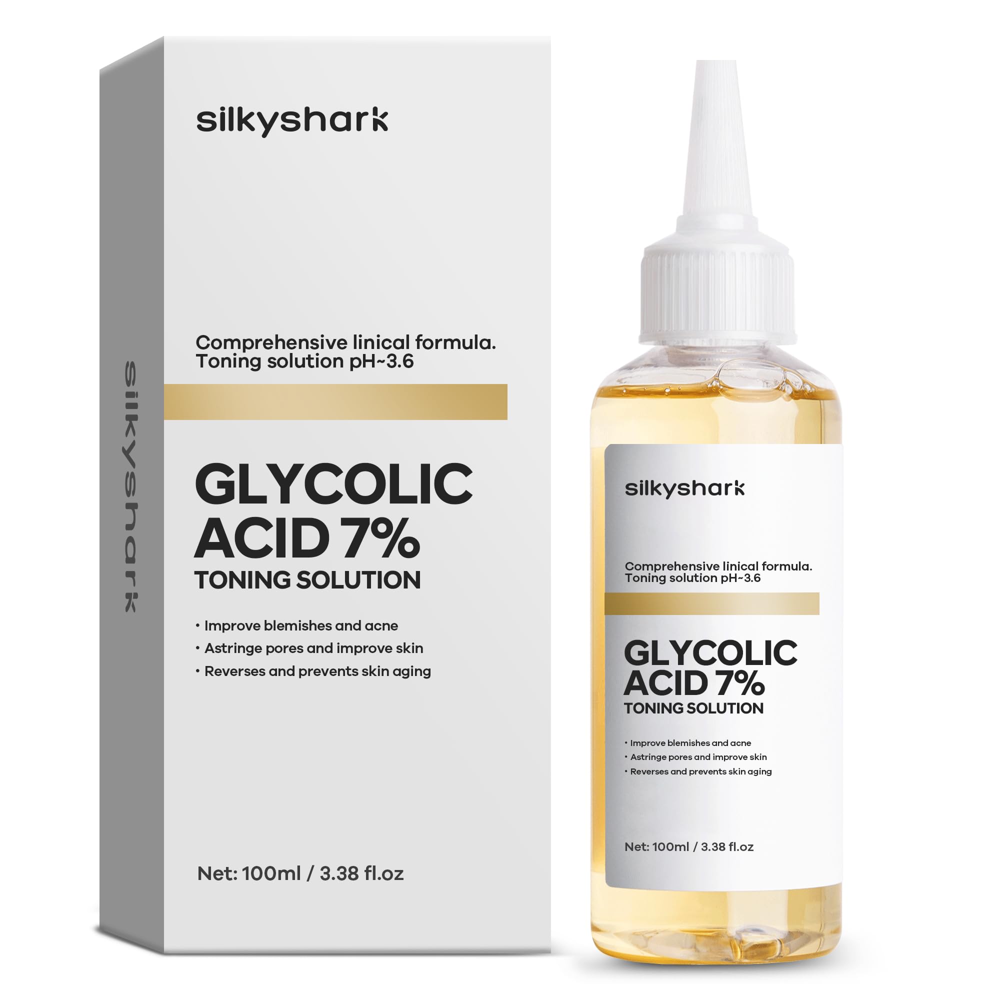 SilkyShark Glycolic Acid 7% Toner (100ml), Gentle Exfoliating Toner, Glycolic Acid 7% Toning Solution for Diminished Dullness, Wrinkle Exfoliating Serum for Face, Hydrates and Reduces Skin Blemishes
