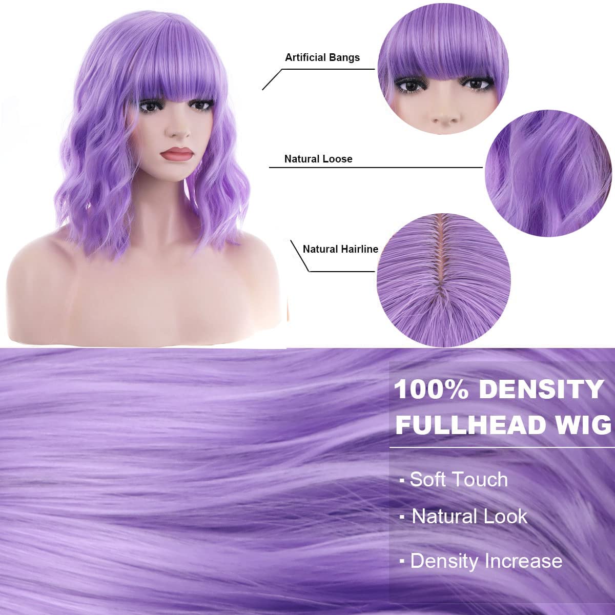 BERON 14 Inches Purple Wig for Women Short Curly Wig Purple Wig with Bangs Light Purple Wigs for Women Lavender Wig Colorful Wigs with Wig Cap