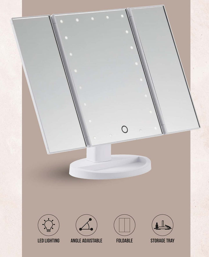 Browgame Tri Folded Lighted Mirror - Collapsable, Adjustable Folding Panel Mirror With Rechargeable LED Light Technology - Portable, Mountable Stand - Your New Favorite Vanity Accessory - 1 Pc