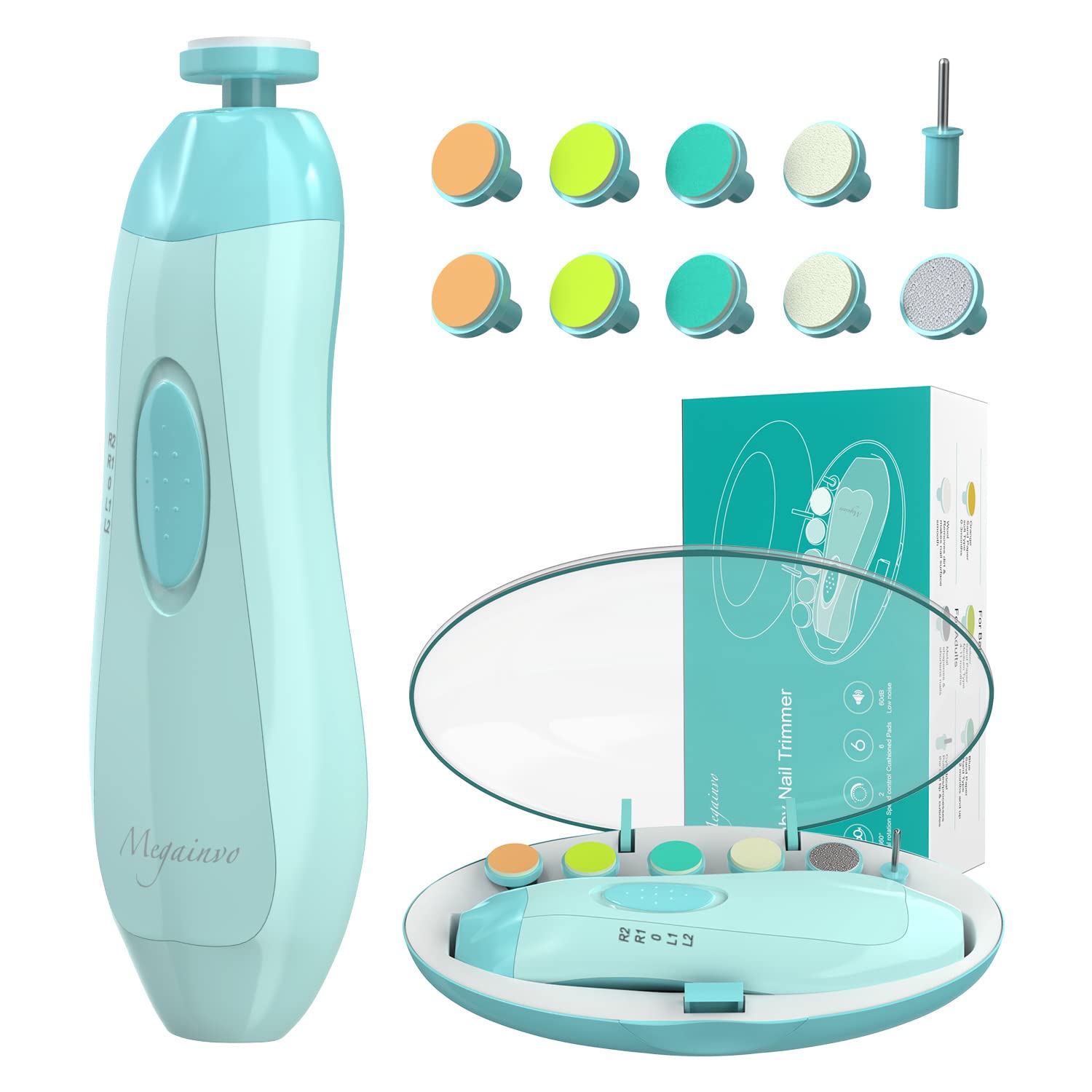 Baby Electric Nail Trimmer with LED Light 10 Grinding Heads Safe Electric Baby Nail File Whisper Baby Nail Polish Grooming Kit for Newborn Toddlers Kids Adults Toes Fingernails Care - Green