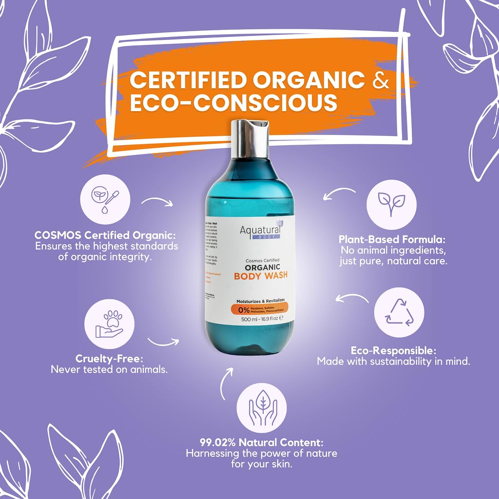 Aquatural Organic Body Wash - Plant-Based, Vegan Bodywash - Moisturizing Womens & Mens, Natural, Paraben Free, Sulfate Free Shower Gel Liquid (16.9 fL oz)