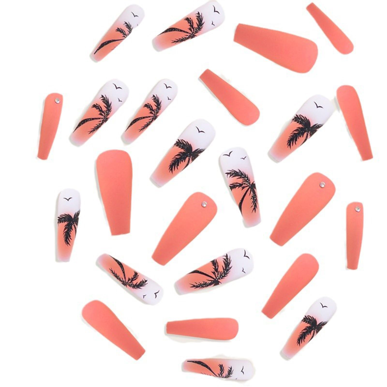 Pink Press on Nails Long Square Coffin Shape Fake Nails with Rhinestone Designs Summer Coconut Tree Pattern Orange Matte Stick on Nails Full Cover Palm Tree Acrylic Nails Glue on Nails for Women 24Pcs