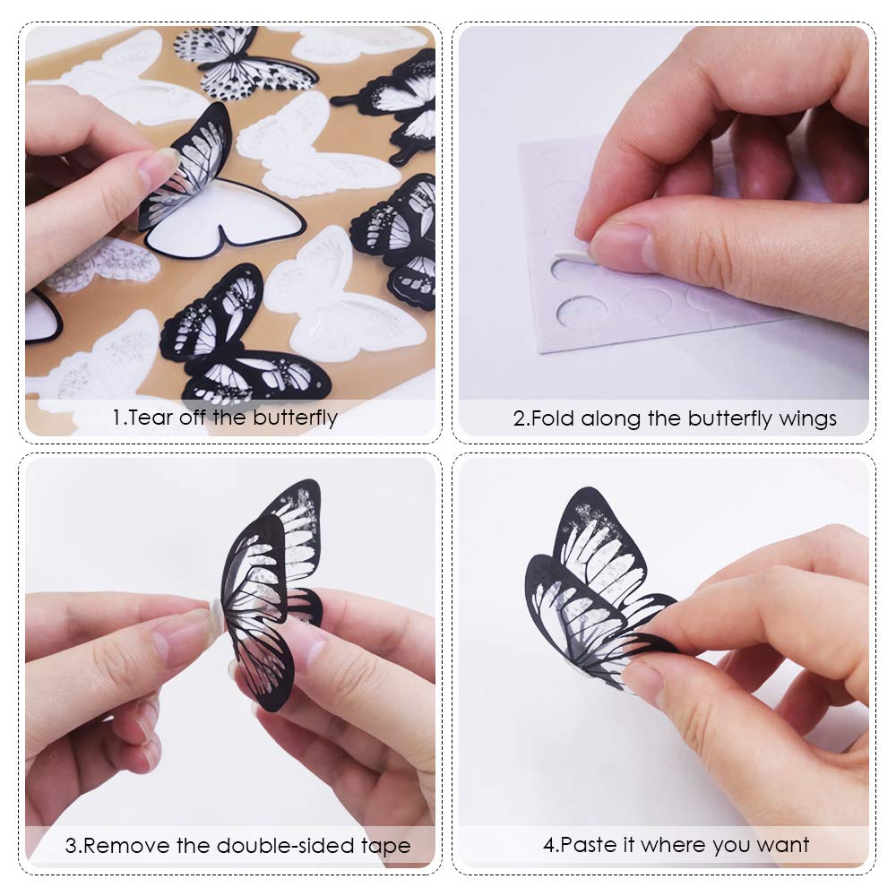 72 Pcs 3D Crystal Butterfly Wall Decor with Adhesive,maxin Butterflies Wall Decal Mural Stickers Wall Stickers Home DIY Decor for Baby Kids Bedroom, Living Room(Black and White)