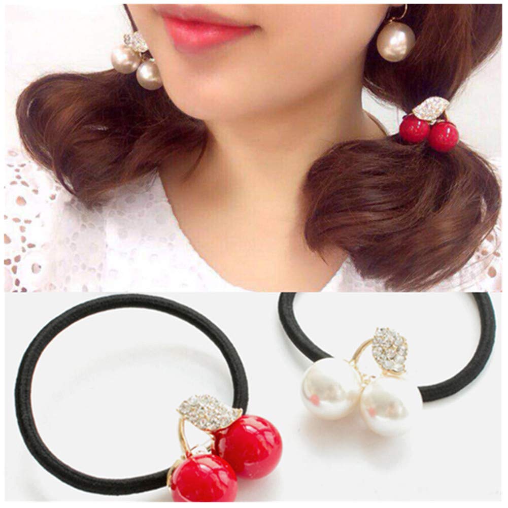 Casualfashion 6Pcs New Korean Fashion Hair Rope Cute Crystal Rhinestone Cherry Hair Rings for Women Girls Ponytail Holder