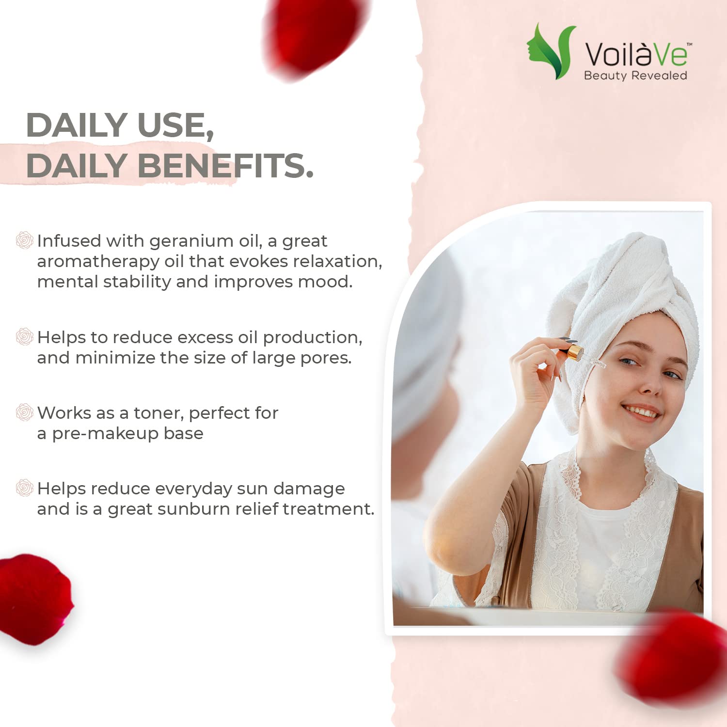 VoilaVe Rose Oil, Blend of Organic and Natural Oils for Face, Hair, and Body, No Artificial Ingredients, Pure and Natural Treatment for Wrinkles, Scars, Sunburn, Acne, and Dry Skin, 4 fl oz.