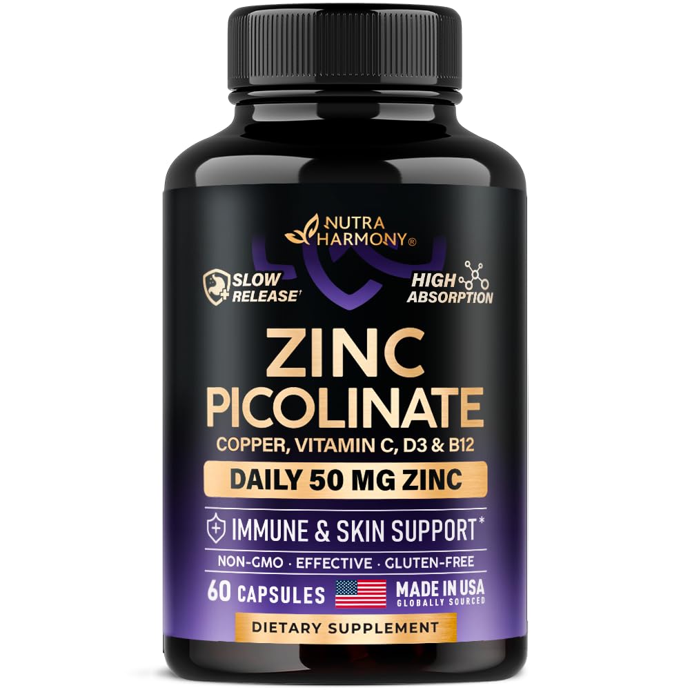 Zinc Picolinate 50mg - Zinc Supplement with Copper, Vitamin D3 & B12 - Stomach Friendly | Slow Release Zinc - Immune Support & Skin Health - High Absorption with BioPerine & Vitamin C - 60 Capsules