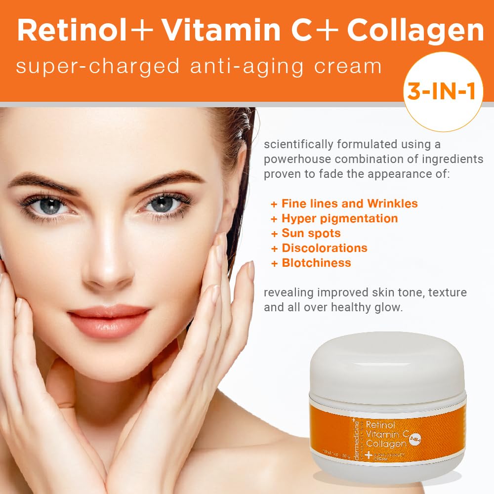 Vitamin C + Retinol + Collagen | Super Charged Anti-Aging Cream for Face | Pharmaceutical Grade Quality | Helps Smooth & Plump Fine Lines & Wrinkles & Brightens for Younger Skin | 1 oz / 30 g