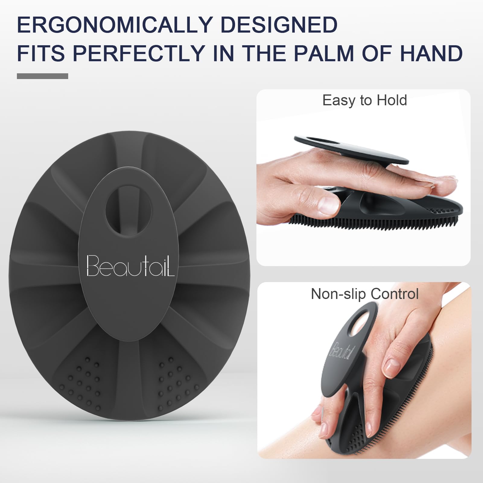 BEAUTAIL Silicone Body Scrubber Shower Bath Wash Brush Gentle Exfoliating Scrub Cleansing Loofah for Women Men Baby Sensitive Skin, Easy to Clean, Lather Nicely, More Hygienic, 1 Pack, Black