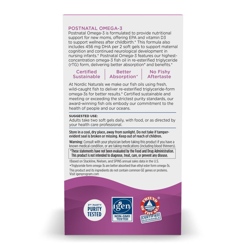 Nordic Naturals Postnatal Omega-3, Lemon - 60 Soft Gels - 1120 Total Omega-3 + 1000 IU Vitamin D3 - Formulated for New Moms; Supports Optimal Wellness, Positive Mood, Healthy Metabolism - 30 Servings