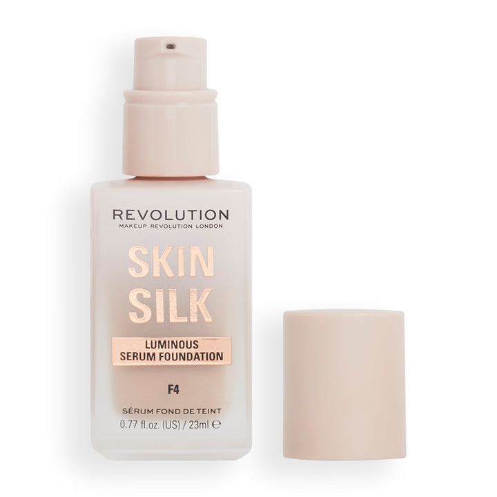 Revolution Beauty, Skin Silk Serum Foundation, Light to Medium Coverage, Lightweight & Radiant Finish, Contains Hyaluronic Acid, F4 Light Skin Tones, 0.77 Fl. Oz.