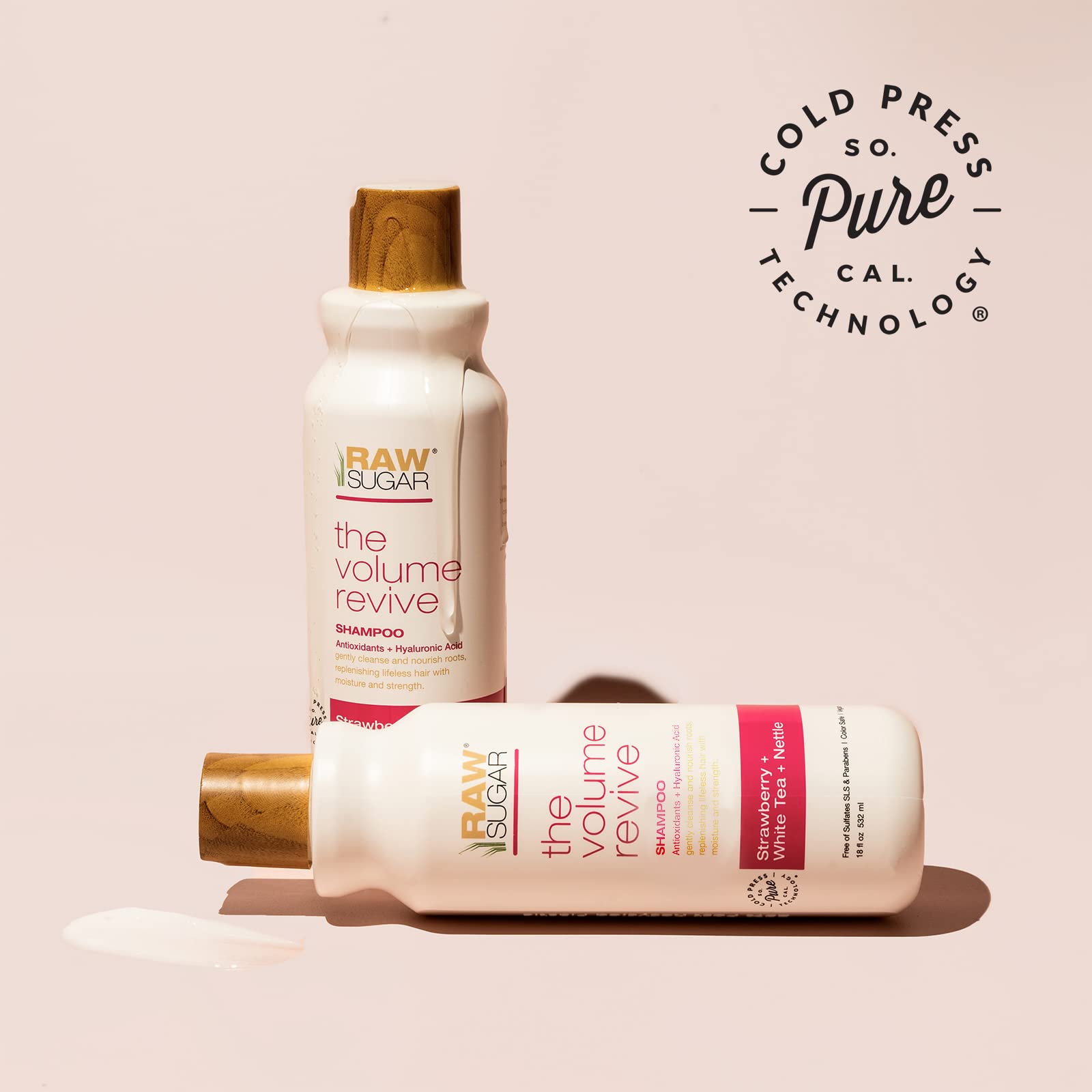 RAW SUGAR Volume Revive Shampoo. Antioxidants + Hyaluronic Acid. Strawberry + White Tea + Nettle. 18 Fl Oz Bottle