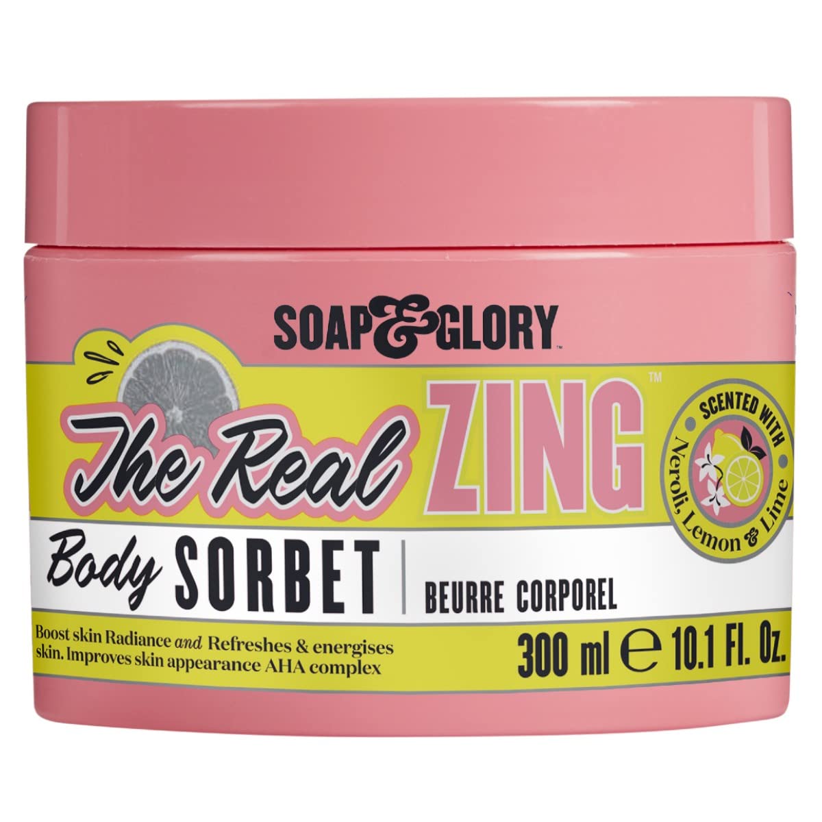 Soap & Glory The Real Zing Body Sorbet - Citrus Body Moisturizer & Hydrating, Sorbet-y Skin Cream - Radiance Boosting, AHA Exfoliating, Lightweight Body Cream for Refreshed Dry Skin (300ml)